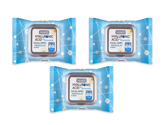 Hyaluronic Acid Skin Renewing Facial Wipes with Chamomile for Cleansing and Moisturising Sensitive and All Skin Types 30 Wipes (3 Pack - Total 90 Wipes)