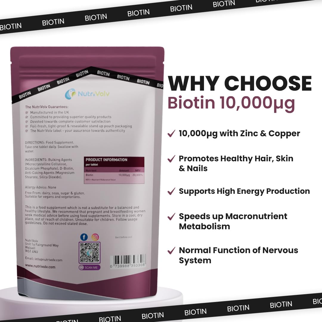 NutriVolv Biotin Hair Growth Supplement | 1 Year Supply | 10,000mcg Per Tablet | 365 Vegan Tablets | Hair Skin & Nails Vitamins for Women & Men | High Absorption D-Biotin | Hair Growth Vitamins | UK Made