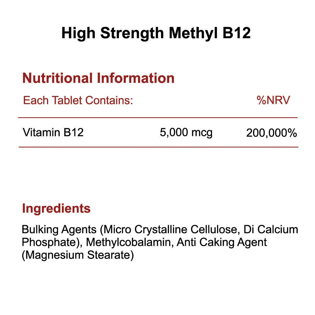High Strength Methyl B12-5mg x 180 Tablets - Coenzyme Form of Vitamin B12 - Methylcobalamin (5000mcg)
