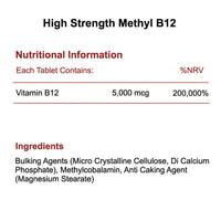High Strength Methyl B12-5mg x 180 Tablets - Coenzyme Form of Vitamin B12 - Methylcobalamin (5000mcg)