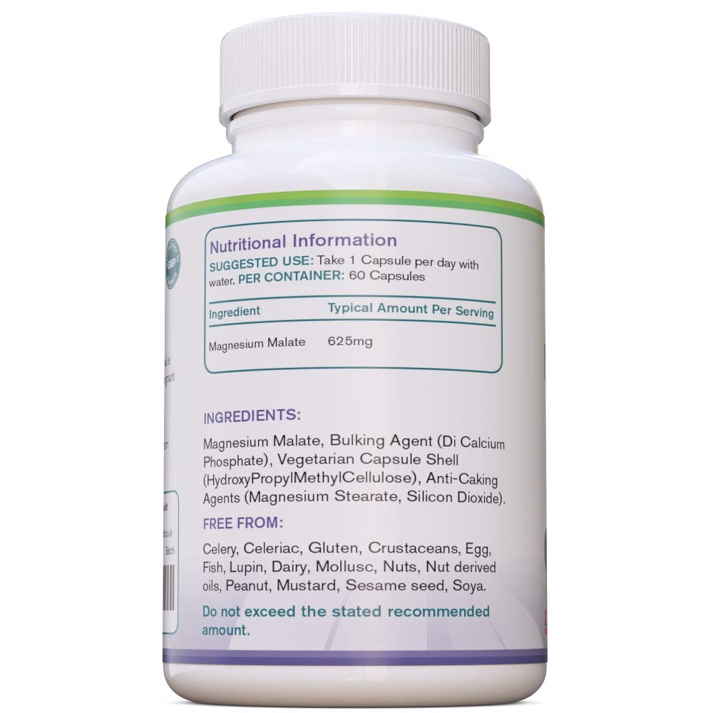 Magnesium Malate Capsules | High Absorption, Premium Magnesium Malate 625mg Supplement | 60 Easy to Swallow Capsules (2 Months Supply) | Supports Energy Levels, Heart Health, Muscle Function | UK Made