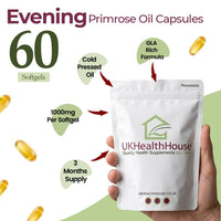 UKHealthHouse Evening Primrose Oil – EPO Capsules, 1000mg x 60 Softgels – High Strength Omega 6 GLA Content – Great for Skin, Immune System, Hormonal Pain, Hot Flushes & Women’s Health