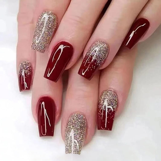 Ceboic 24Pcs Square False Nails Short, French Tip Stick on Nails Red Glitter Press on Nails, Fake Nails Set with Designs, Removable Acrylic Full Cover Glue-on Nails for Women Girls