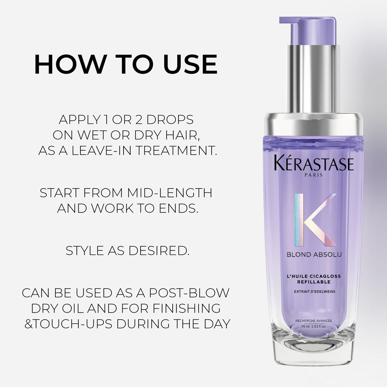 KERASTASE Kérastase Blond Absolu, Intense Blonde Strengthening Hair Oil, For Sensitised Lightened or Highlighted Hair, With Hyaluronic Acid & Edelweiss Flower, Huile Cicaextreme, Refillable Bottle 75ml