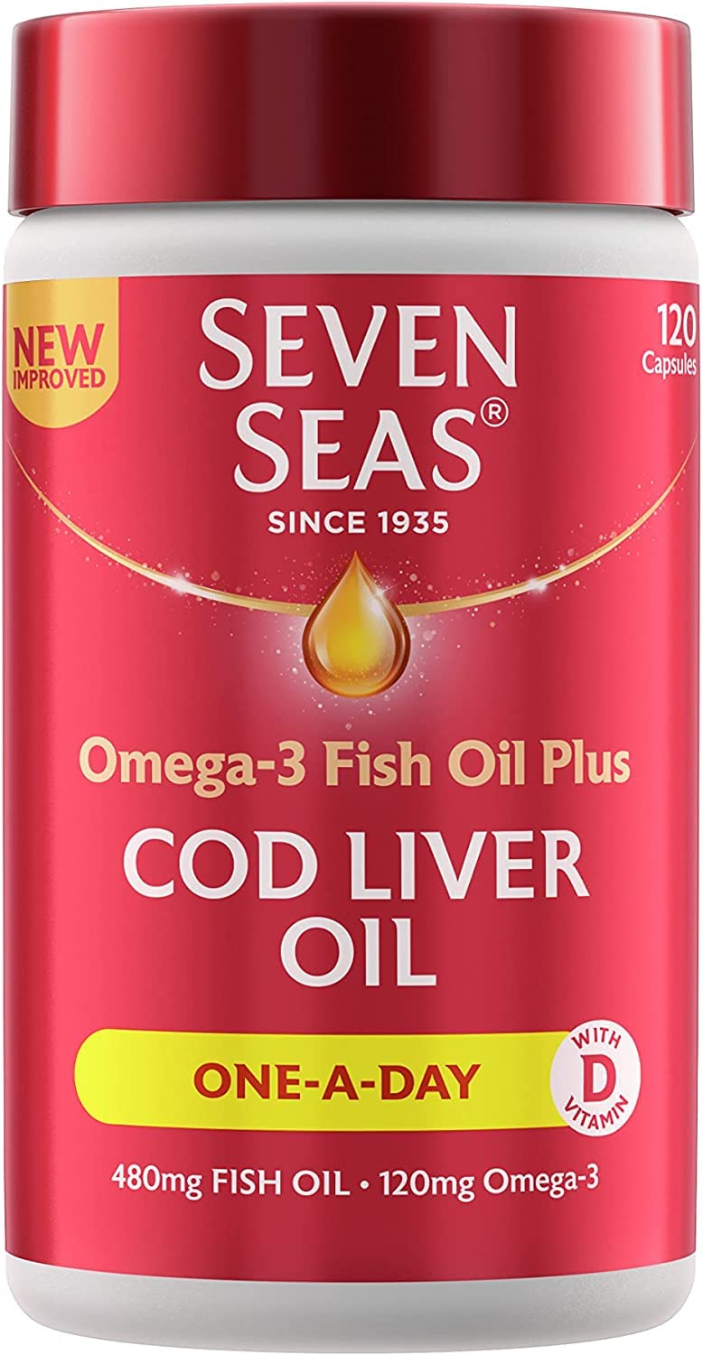 Seven Seas Cod Liver Oil Tablets With Omega-3, Fish Oil, One A Day, 4 Months Supply (120 Capsules), EPA & DHA, With High Strength Vitamin D & A