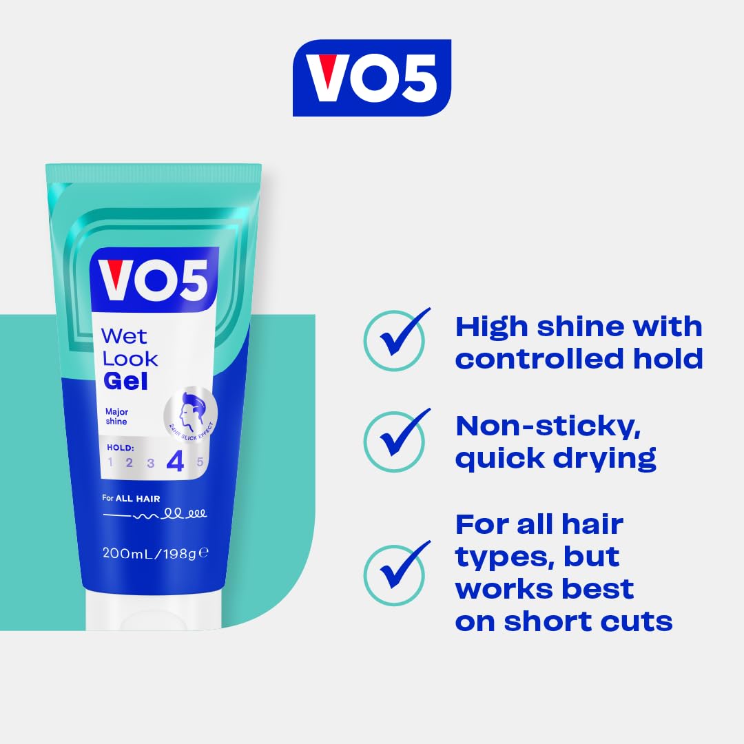 VO5 Wet Look Styling Gel, High Shine Hair Styling Product, Long-Lasting Maximum Hold, Quick-Drying, Non-Sticky, for Slick Back & Wet Looks, 200ml