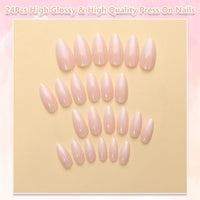 HERBINSOLS Gradient White Pink Ombre False Nails - 24Pcs Press on Nails Medium Almond - Full Cover French Almond Fake Nails with Glue - Glossy Acrylic Stick on Nail for Women Girls Nail Art DIY