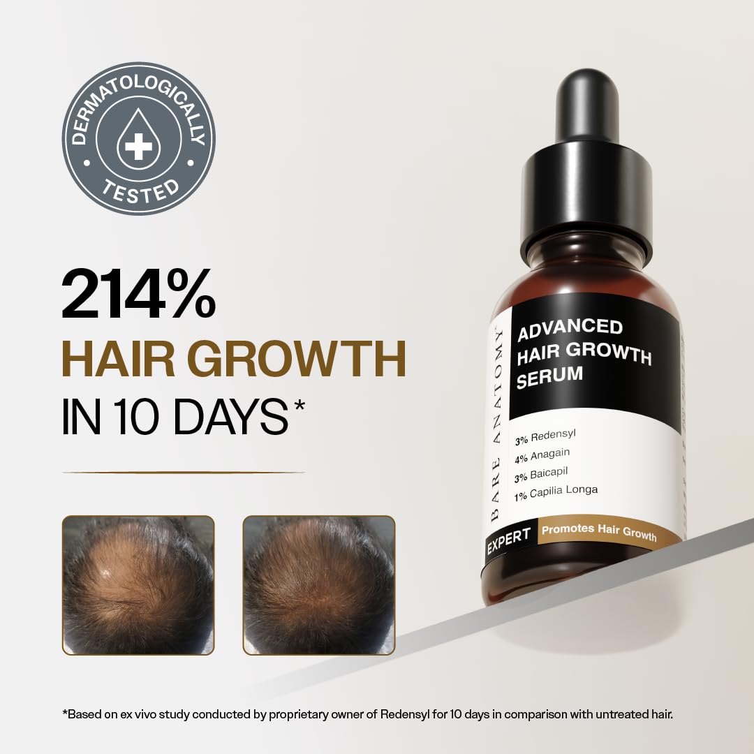 Bare Anatomy Advanced Hair Growth Serum | 3% Redensyl + 4% Anagain + 3% Baicapil + 1% Capilia Longa, Rosemary, Biotin & Rice Extract | Hair growth & Hair fall control serum for Women & Men | Pack of 3