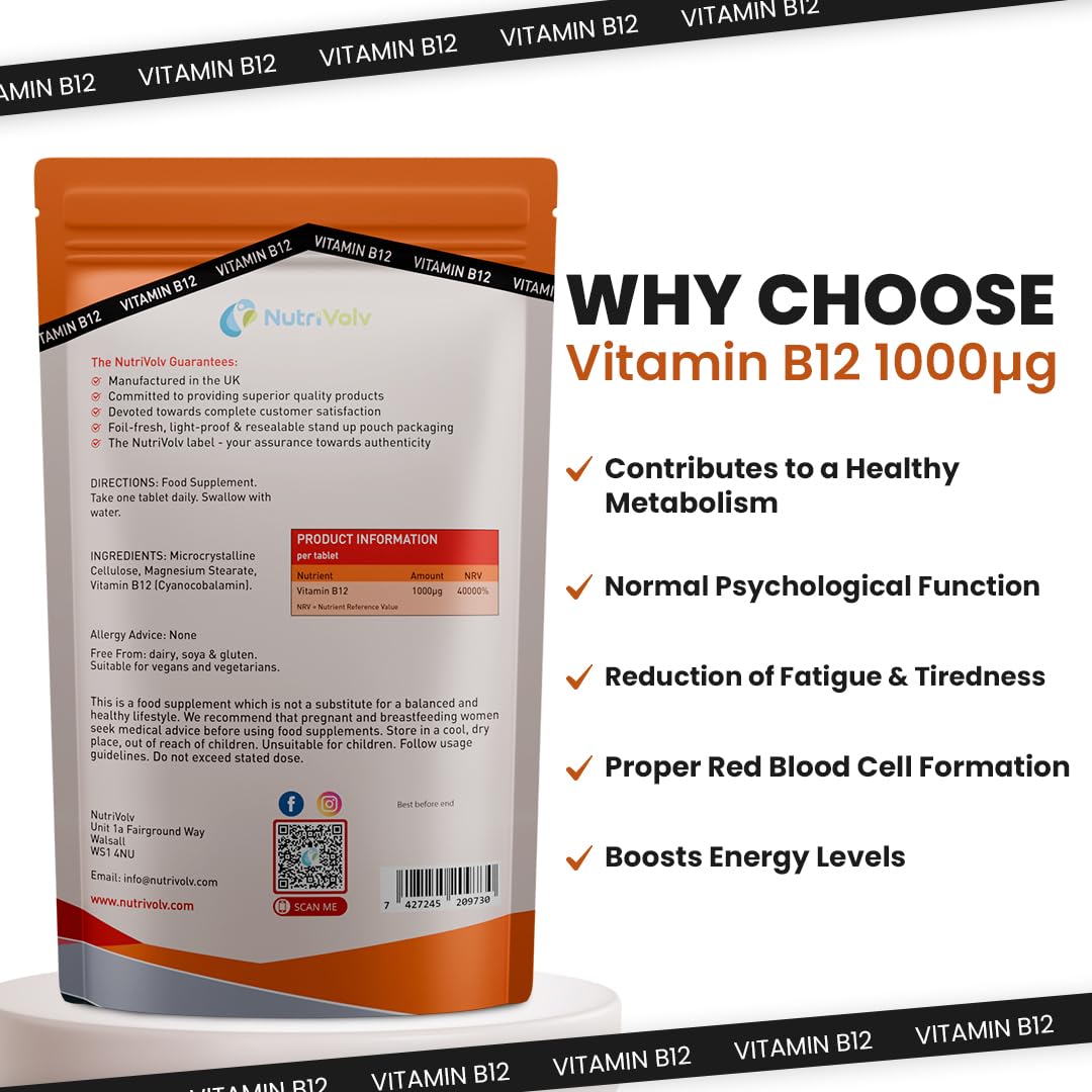 NutriVolv Vitamin B12 1000mcg - Pure Methylcobalamin - High Strength Vegan Supplement - Supports Immunity, Reduces Tiredness, Improves Energy - 120 Vegan Tablets - 4 Month Supply