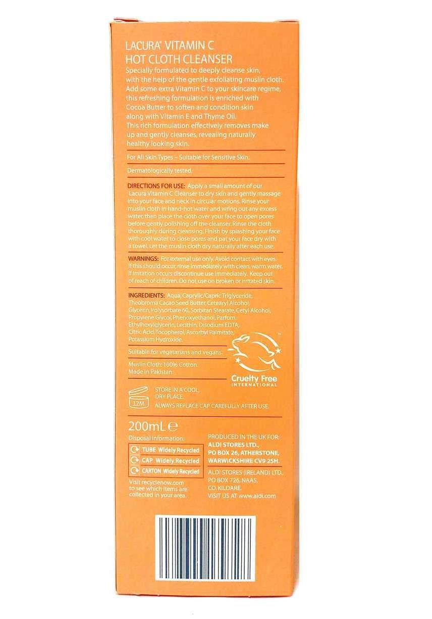 Lacura Vitamin C Hot Cloth Cleanser with Muslin Cloth 200ml | Removes Make Up | Gently Cleanses & Exfoliates | All Skin Types | For Sensitive Skin | Vegan Skincare