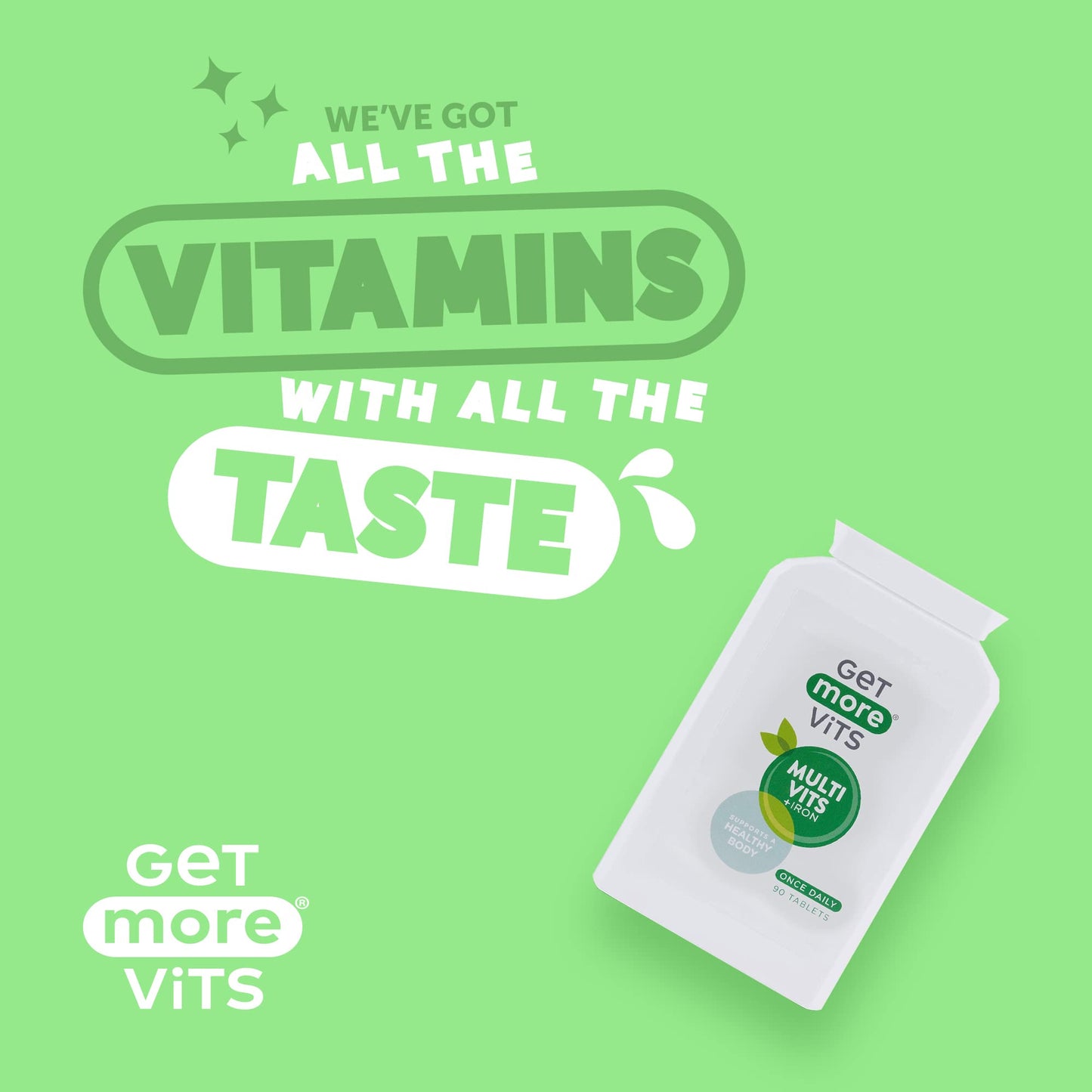 Get More Vits - Multivitamin Tablets with Iron (90 Tablets), Promotes Stronger Immune System, Healthy Bones, Teeth & Muscles, Supports Faster Metabolism, Combats Tiredness & Fatigue, Vegetarian, Vegan