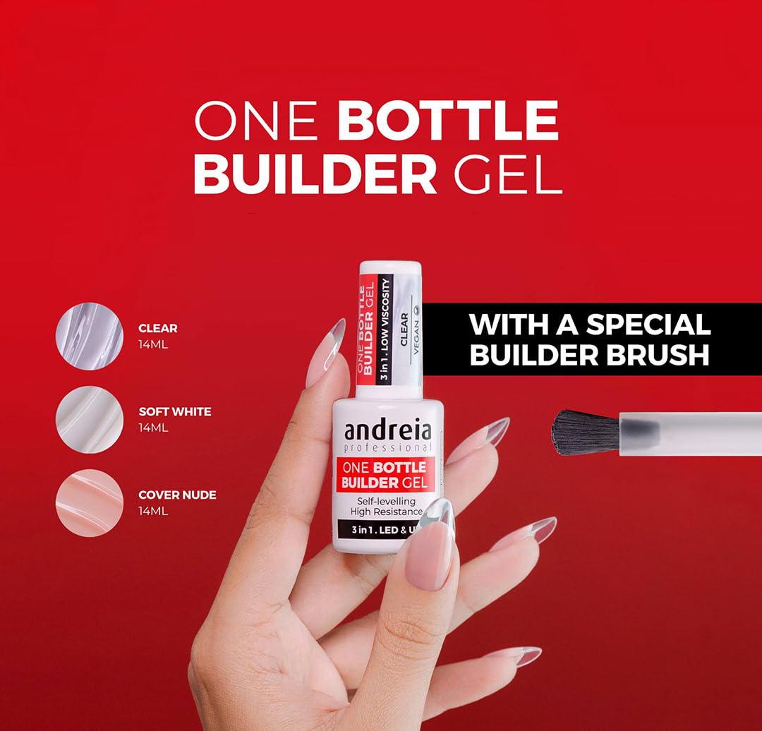 Andreia Professional Gel Builder Nail Construction - Triphasic 3 in 1 Low Viscosity - LED & UV Builder Gel in a Bottle - Nail Extension - Self Levelling High Resistance - Colour Cover Nude 14 ml