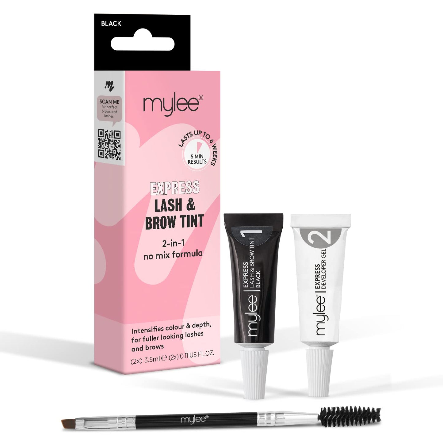 Mylee Express Lash & Brow Kit – 2 in 1 No Mix Formula, Tint + Developer Gel + Double Sided Brush, Professional Eyelash & Eyebrow Dye Tinting, Long Lasting, Semi-Permanent, Fast & Easy (Black)