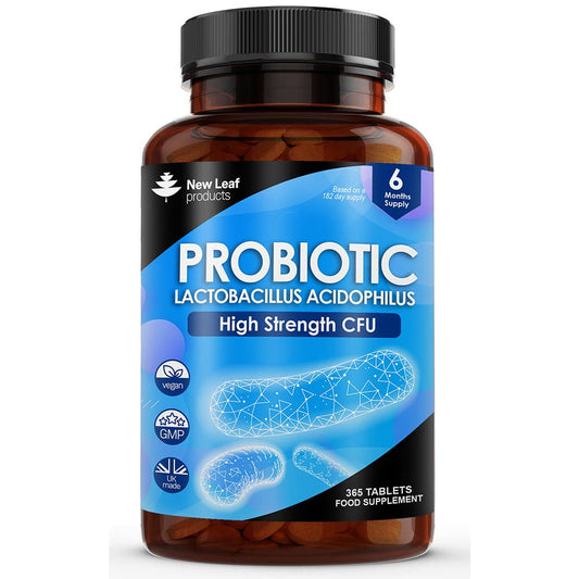 NEW LEAF PRODUCTS Probiotic Supplements Acidophilus Probiotic 365 Tablets High Strength - Digestive & Gut Health Supplements Lactobacillus Probiotics for Gut Health - Vegan, GMO-Free, Gluten-Free, GMP, UK Made