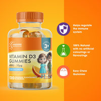 Kids Vitamin D Gummies by Sunshine Nutrition - MEGA Pack Vitamin D3 400IU Orange Flavour Gummy (Pack of 120)