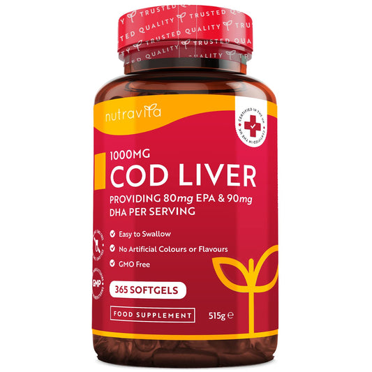 Cod Liver Oil 1000mg - 365 Softgels of Premium Cold Pressed Fish Oil - Rich in High Strength Omega 3, Vitamins A, D, E & Garlic Oil - Supports Heart & Brain Health - Made in The UK by Nutravita