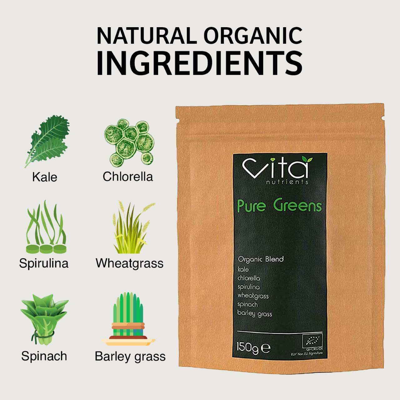Vita Nutrients Pure Greens Superfood Powder 150g - Premium Organic Blend of 6 Plant Based Super Greens - Vegan & Gluten Free - Vitamin Fibre & Mineral Rich Formula - Made in The UK