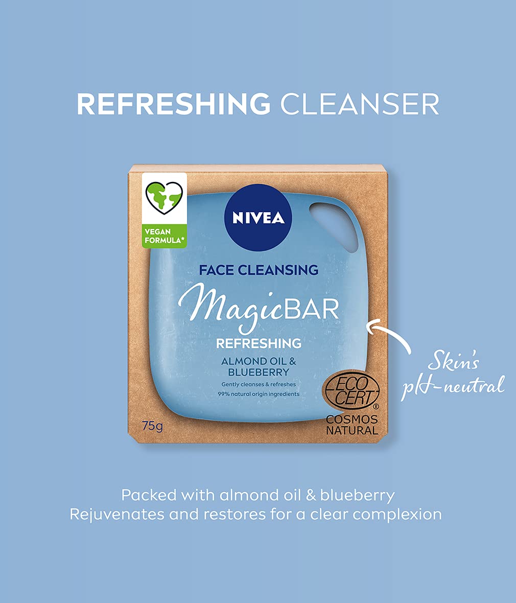 NIVEA MagicBAR Refreshing Almond Oil Face Cleansing Bar (75g), Vegan Face Cleanser, Plastic-Free Facial Cleansing Bar, Facial Cleanser with Recyclable Packaging