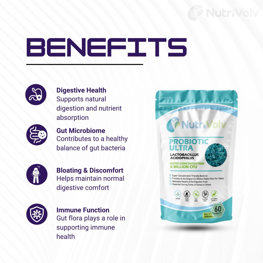 NutriVolv Probiotic 6 Billion CFU | 60 Tablets | Lactobacillus Acidophilus Supplements Perfect for Bacteria Culture, Colon | Support Healthy Gut Microbiome & Digestion System | Bloating Relief | UK Made