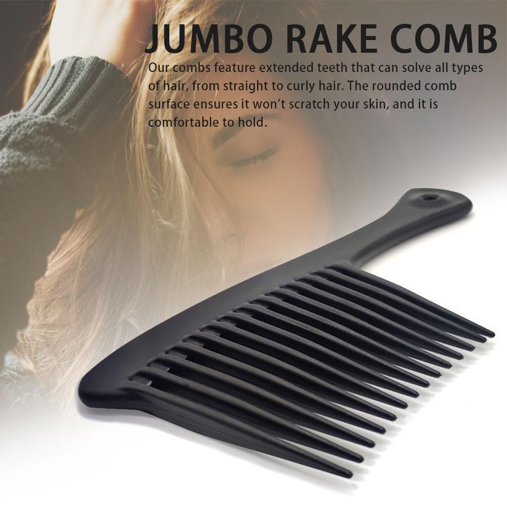 Deyixinup 2 PCS Jumbo Rake Comb Long Wide Tooth Rake Handle Hair Comb Plastic Afro Shower Comb for Long Curly Thick Wet Dry Hair Styles Girls Women Men Barber Salon