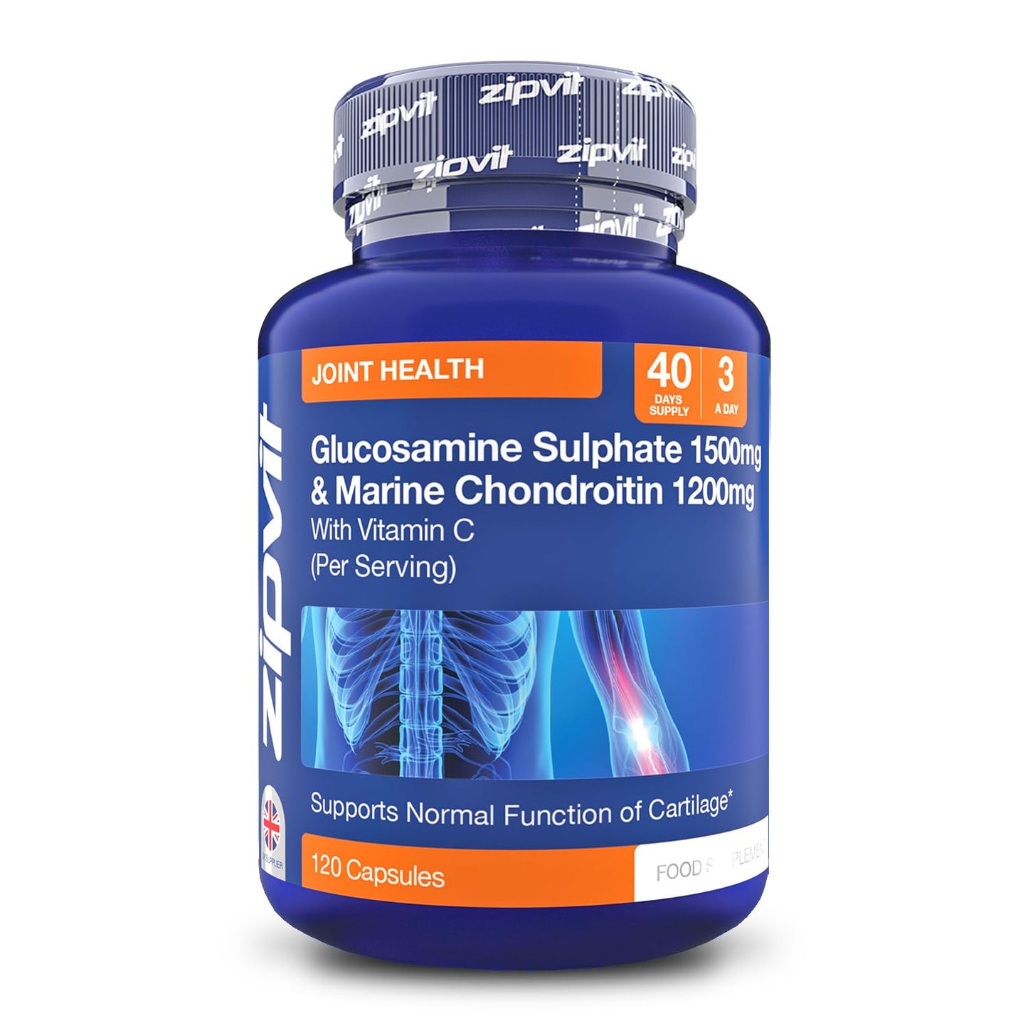 Zipvit Glucosamine and Chondroitin High Strength with Glucosamine Sulphate 1500mg, Marine Chondroitin 1200mg and Vitamin C, Joint Care Supplements for Men and Women, 120 Capsules