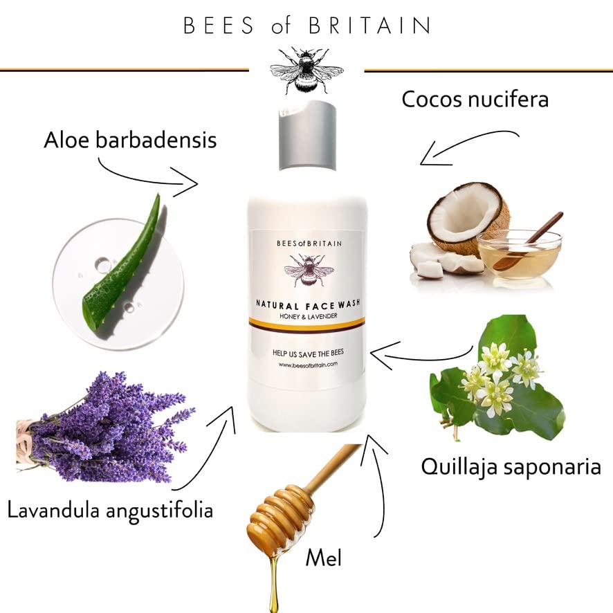 BEES of BRITAIN - 99% Natural - Face Wash - Honey, Lavender No Sulfates/Parabens. pH 5.5, Sensitive Skin. We Donate 5% of our Profit to Save Bees + Pollinators. 250ml