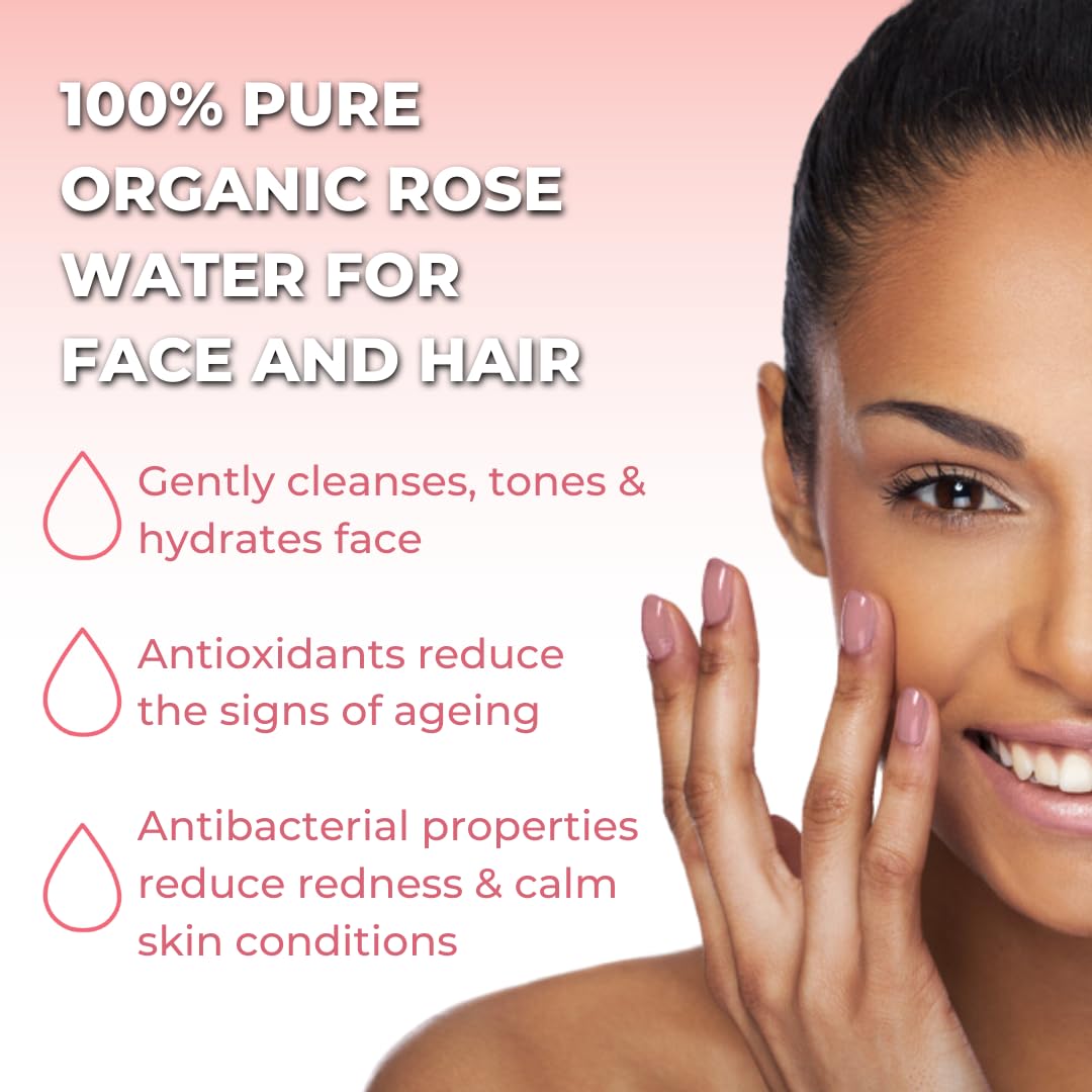 The Balanced Way 100% Pure Organic Rose Water for Face & Hair (100ml) | Pure Rose Water Calms & Soothes Irritated/Red Skin | Heals Blemishes | Rose Water for Hair Reduces Frizz | Incredibly Gentle/Triple Distilled