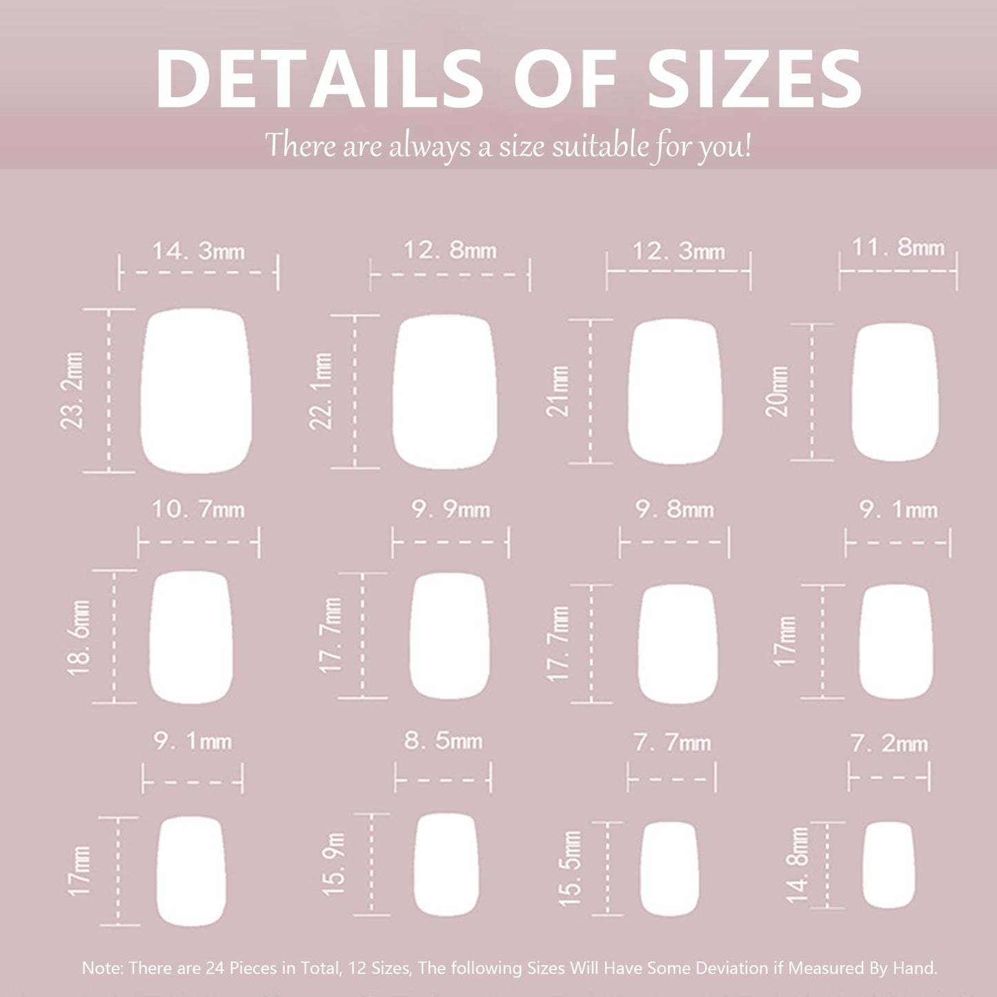 EONFAVE French Tip Nails - 24pcs Medium Square False Nail Tips - 12 Sizes Pink French Fake Nails with Glue - Glossy Full Cover Stick on Nail with Bow Patterns for Women Girls