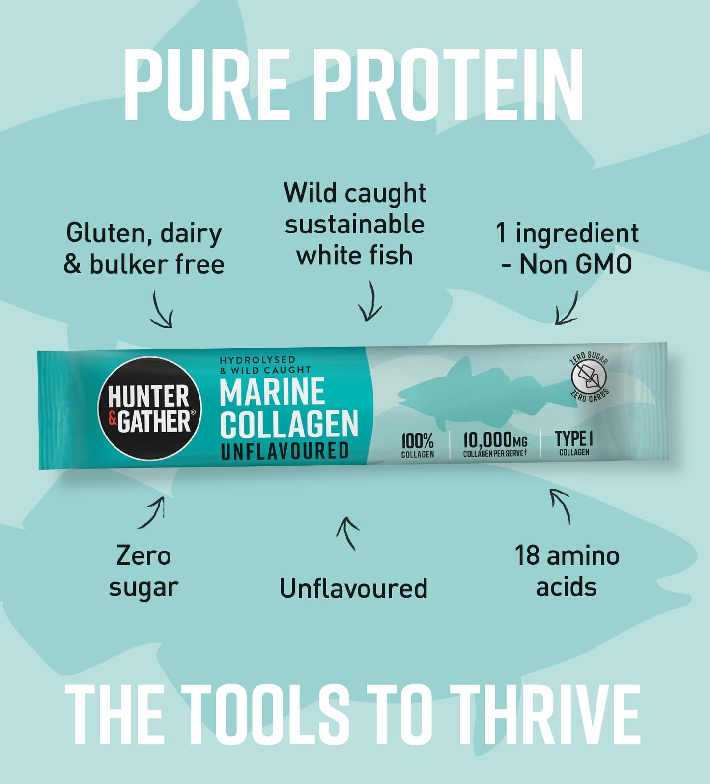 Hunter & Gather Marine Collagen Powder 30 x 5g Sachets | Pure Unflavoured Hydrolysed Wild Caught Marine Collagen Peptides Powder for Hair Skin Nails Muscles | Collagen Supplements for Women and Men