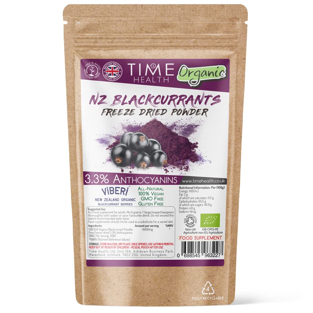 Time Health Premium ViBERi® Freeze-Dried Organic Blackcurrant Powder | Rich & Natural Source of Antioxidants | Anthocyanins | Vitamin C B E | Zero Additives (250g Powder Pouch)