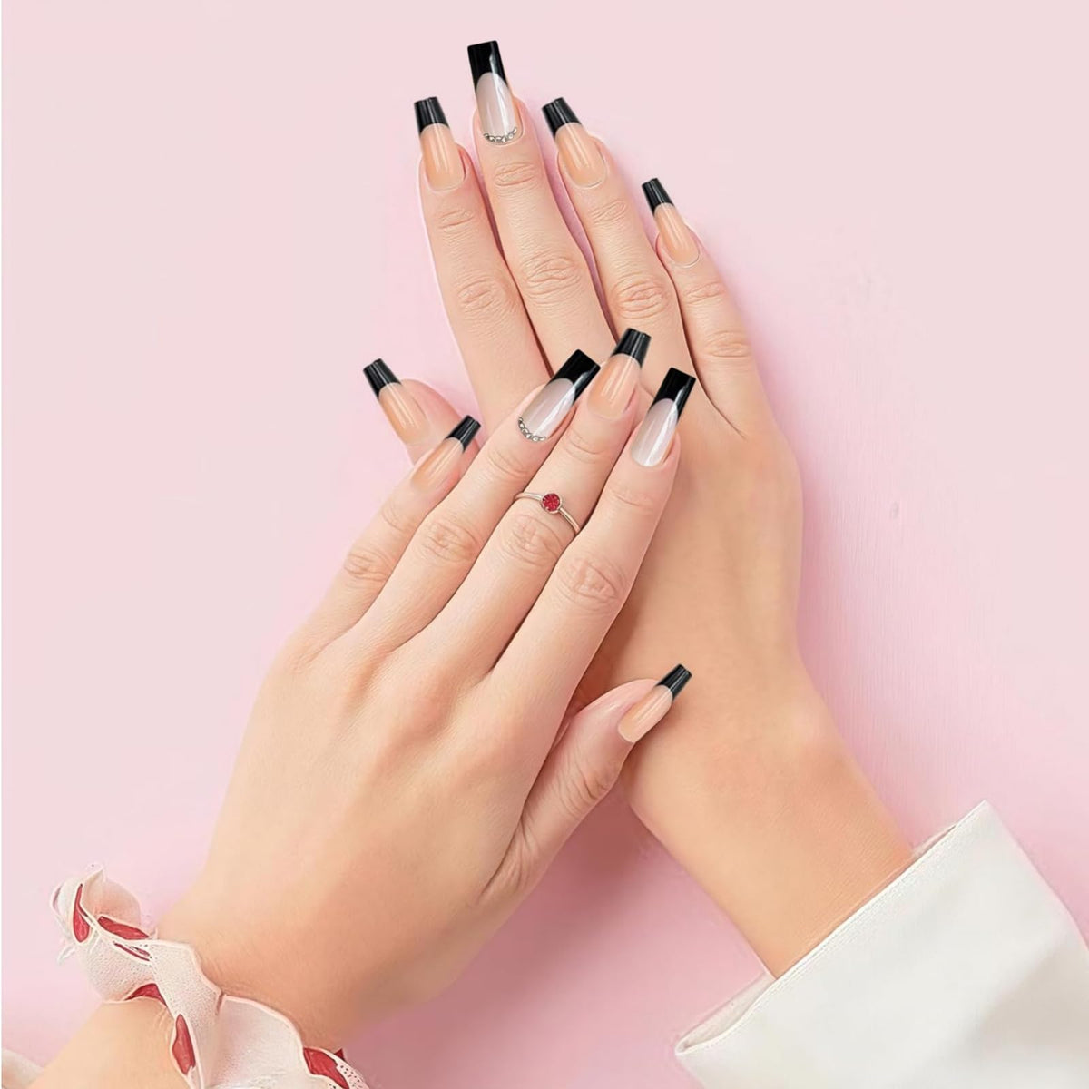 Yoowan 24pcs French Tip False Nails,Press On Nails Black,Black French Tip Na-Ils,Elegant,Black Square Stick On Na-Il,Suitable For Most Sizes,Sturdy,Durable,Reusable,For Women And Girls(With Jelly Gelatin)
