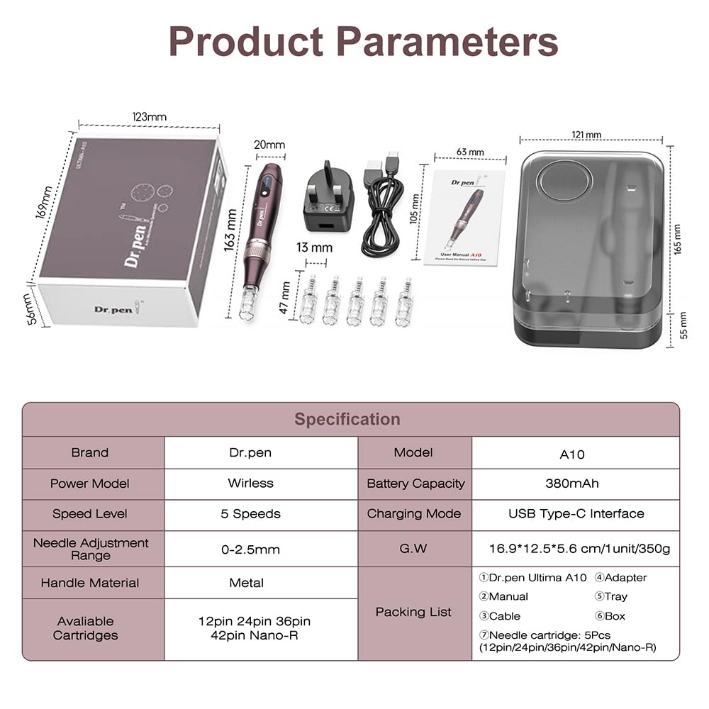 Bestauty Dr.pen A10 Microneedling Pen - Original Dr.pen Microneedling with 5Pcs Microneedling Cartridges(12/24/36/42/Nano-R), Professional Microneedling Improving Wrinkles Scars Hair Loss