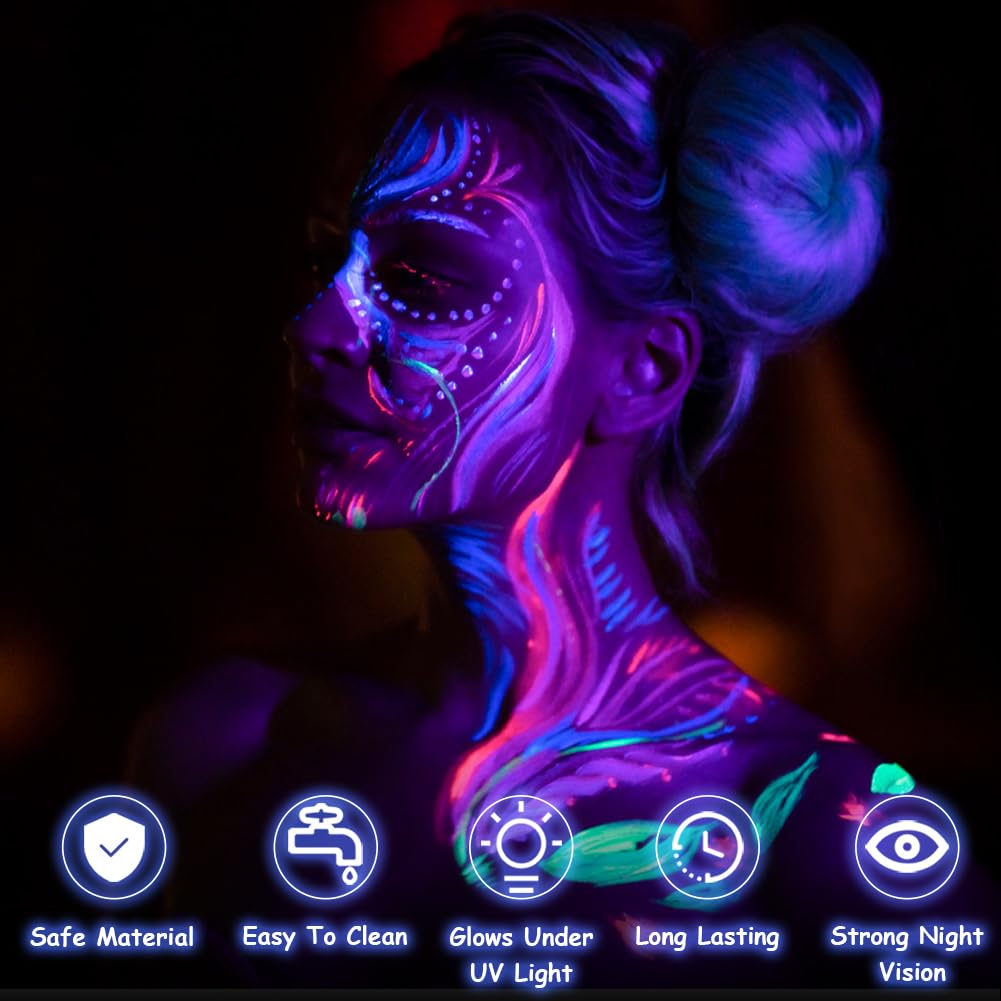 LOPHE Glow Neon Face Paint, 30g Water Soluble Face Body Makeup Pigment for Adults Kids Children, Water Based Neon Fluorescent Face Paint, Face Body Painting for Halloween Party Carnival