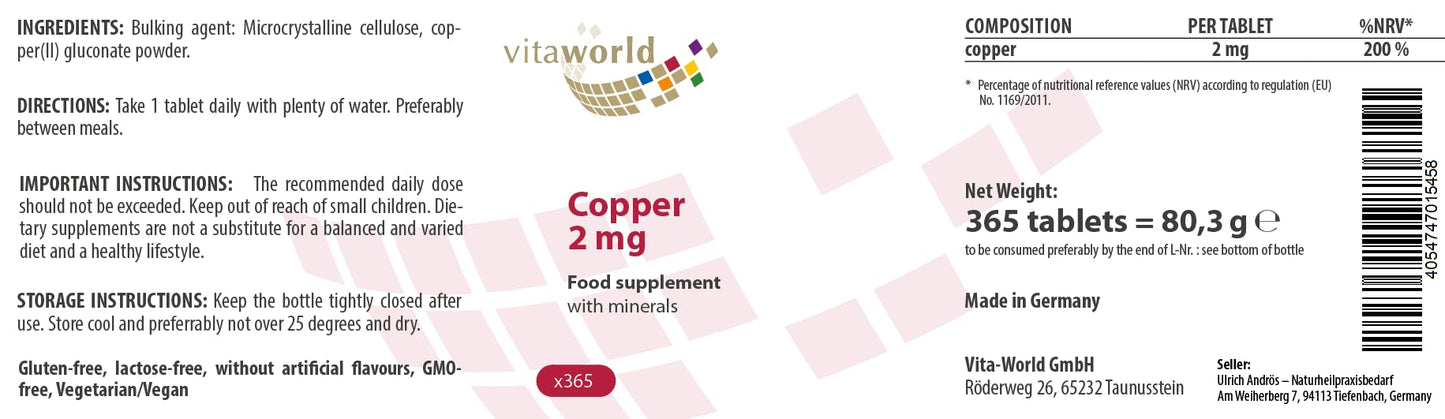 Vita World Vita world Copper 2 mg l Copper Gluconate l high bioavailability l Vegan l 1 Year Supply - 365 Tablets