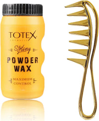 Totex Hair Styling Powder Wax 20g + Wide Shark Teeth Comb Gold | Volumizing Matte Dust Powder Strong Hold | Barber Styling Set for Hair & Beard | Professional Hair Thickening Kit