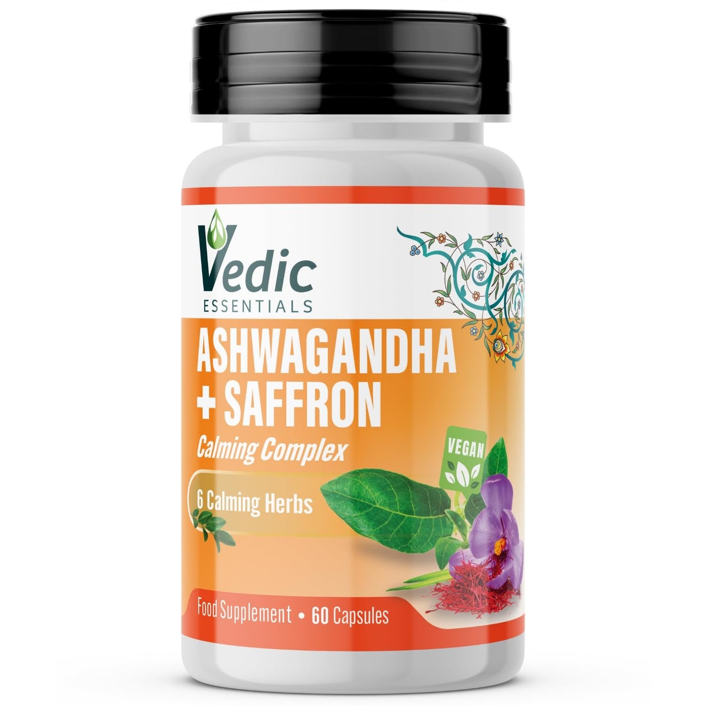 Vedic Essentials Vedic Ashwagandha-Saffron Calming Complex | 6 Herbs Blend- Ashwagandha Boosted with Saffron, Chamomile, Hops, Inositol & Schisandra Berry | High Strength 2290mg | Premium, Vegan, 60 Capsules