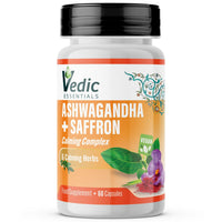 Vedic Essentials Vedic Ashwagandha-Saffron Calming Complex | 6 Herbs Blend- Ashwagandha Boosted with Saffron, Chamomile, Hops, Inositol & Schisandra Berry | High Strength 2290mg | Premium, Vegan, 60 Capsules