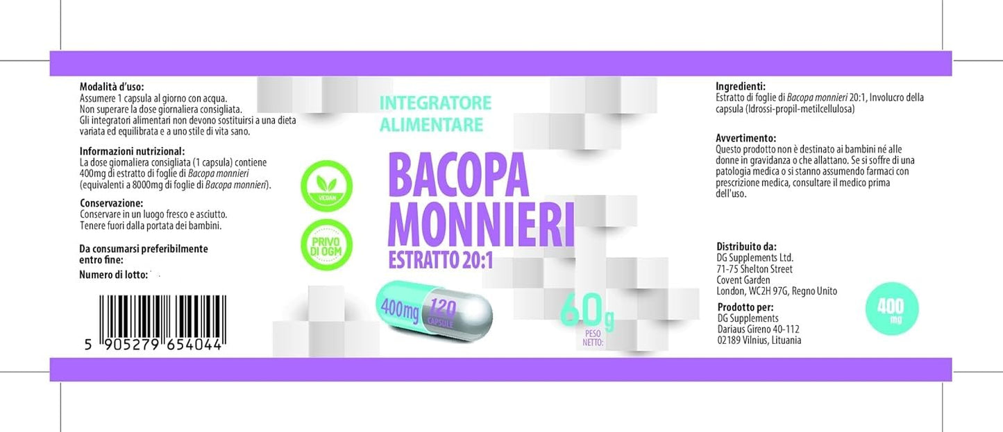 Hepatica Bacopa Monnieri (Brahmi) 8,000mg Equivalent | 400mg 20:1 Leaf Extract | 120 Vegan Capsules | Ayurvedic Herb | 3rd Party Lab Tested