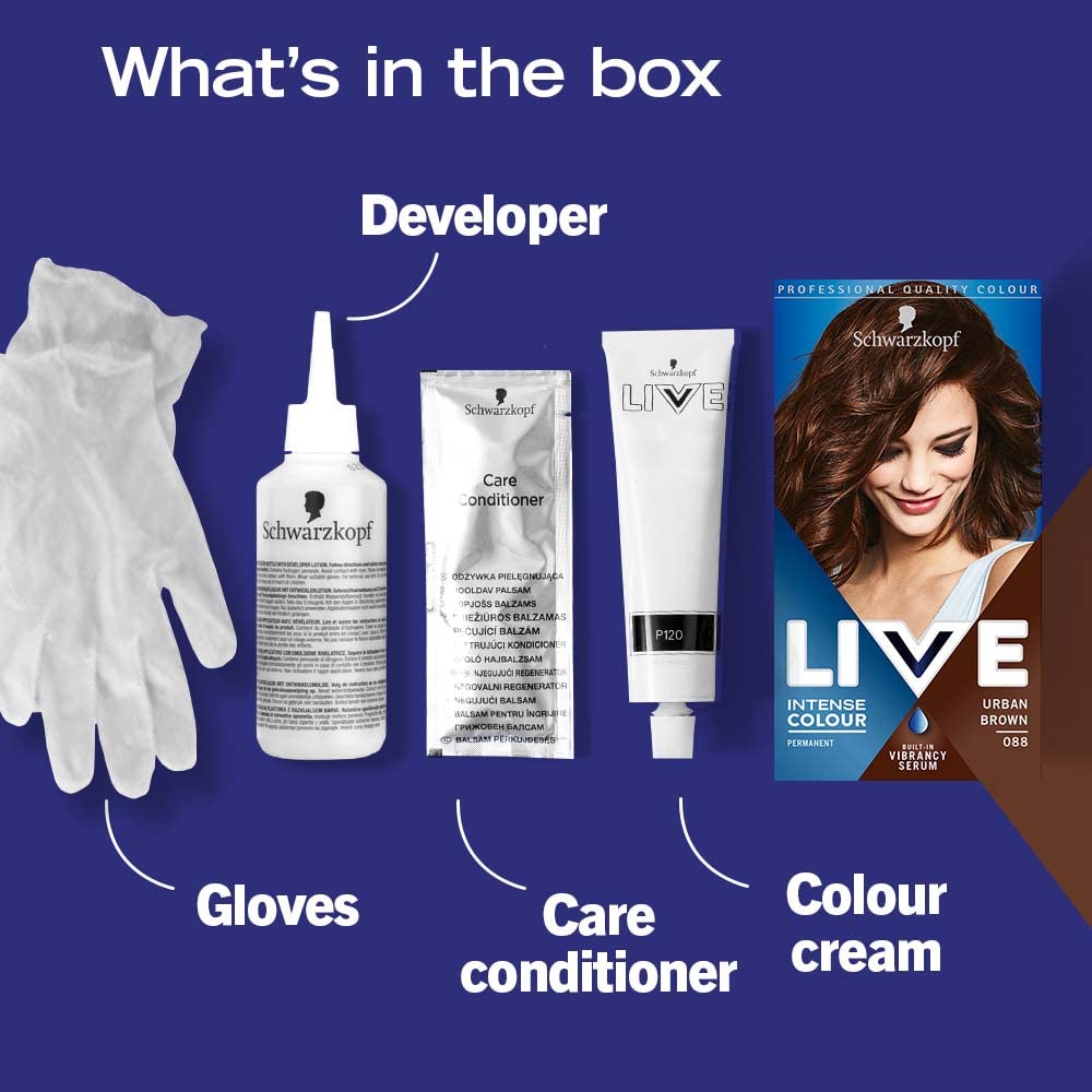 Schwarzkopf LIVE Intense Colour, Long Lasting Permanent Brown Hair Dye, With Built-In Vibrancy Serum, Up To 70% Grey Coverage, Urban Brown 088