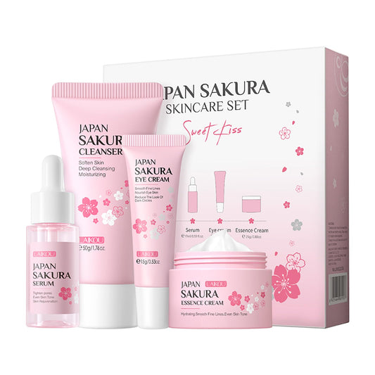 LAIKOU SkinCare Gift Set, JAPAN SAKURA Skin Care Sets & Kits with Cleanser, Face Serum, Eye Cream, Face Cream-Facial Gift Kit for Women/Teenage Girls Mom Daughter Birthday TSA-friendly Sizes 4pcs