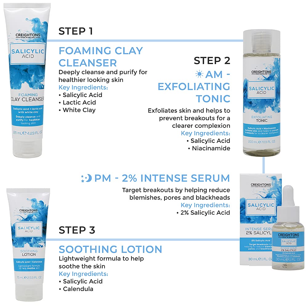 Creightons Salicylic Acid Exfoliating Tonic 200ml – Reduces Blemishes, Uneven Skin Tone & Texture | 1% Salicylic Acid & 1% Niacinamide | Dermatologically Tested, Vegan & Cruelty-Free