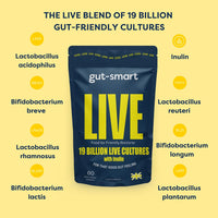 Gut - Smart Gut–Smart LIVE, 60 x Slow-Release Capsules, Pre & Probiotics, 19 Billion Live Cultures, Natural Supplements for Healthy Digestion