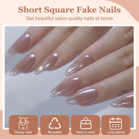 Viugex 24Pcs Press on Nails Medium Almond, Nude Pearlescent False Nails, Glossy Solid Soft Gel Fake Nails Set, Ballerina Glitter Glue on Nail, Natural Removable Acrylic Stick on Nail for Women Girls