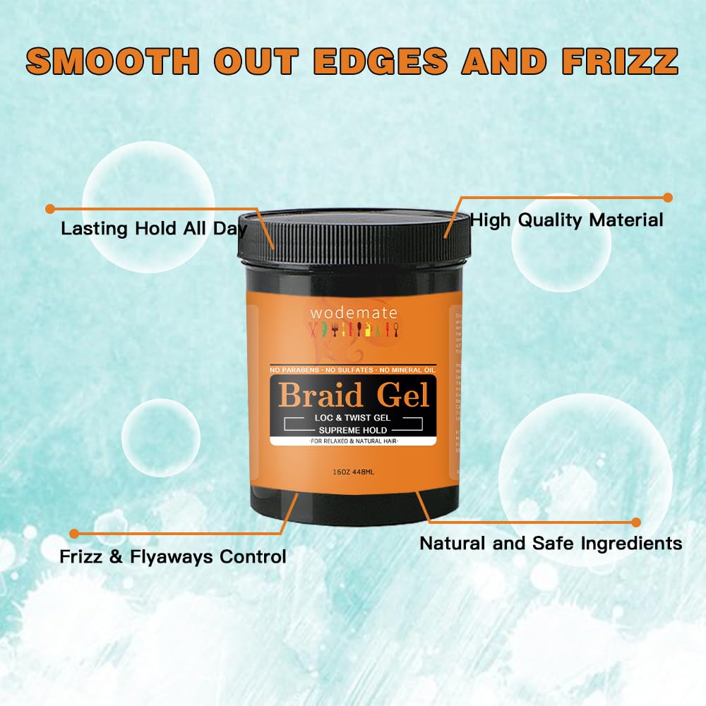 wodemate Braiding Gel | Neat Braid Gel & Shining Hair Jam & Edge Control |Extreme Hold, No Flaking & Long Lasting | Loc Gel for Retwist, Box Braids & Cornrows | 16 oz