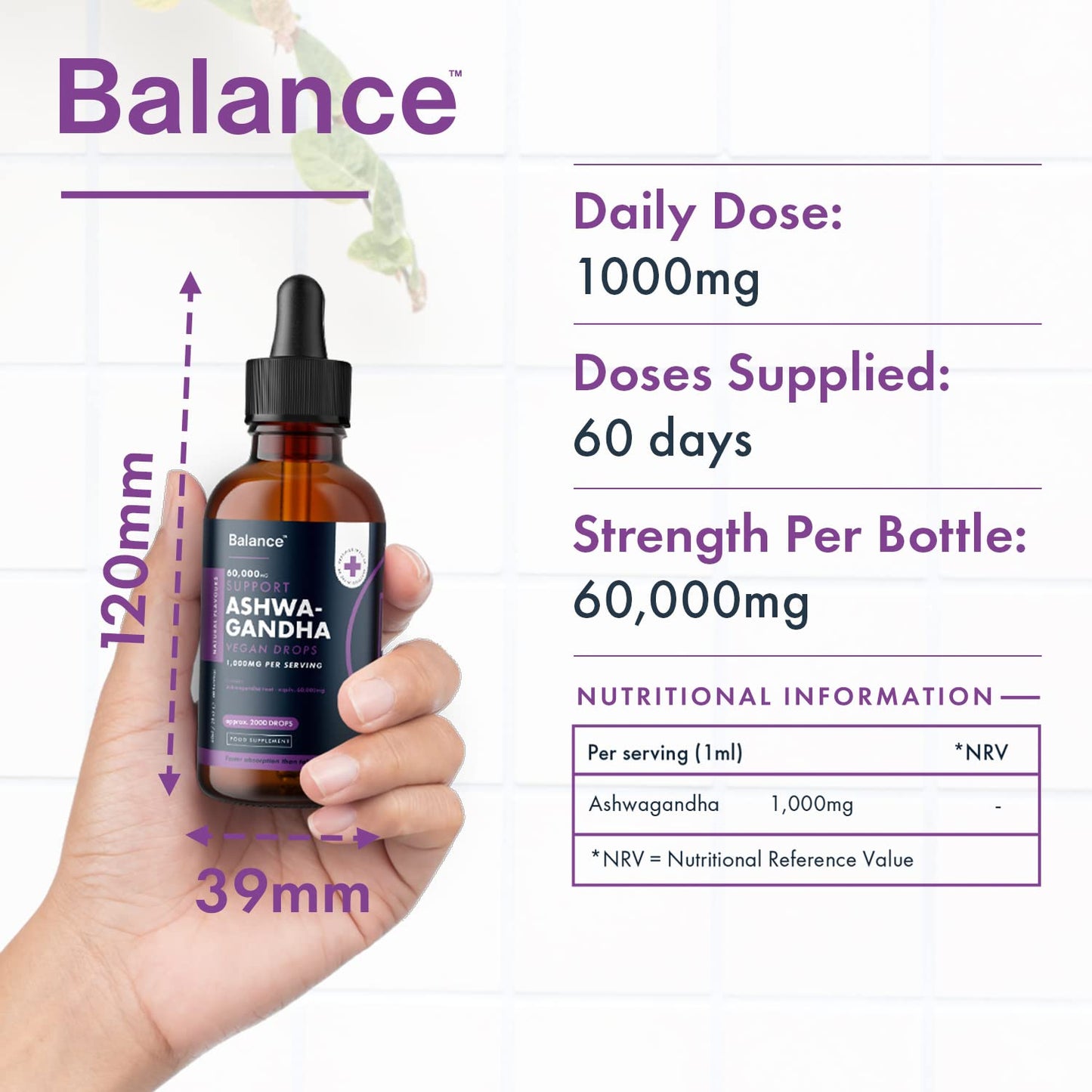 Ashwagandha Supplement Liquid Drops - High Strength of 60,000mg per 60ml Bottle at 4X Concentration - Vegan - 2 Month Supply of Premium Ashwagandha Extract - 60 Servings - Made in UK by Balance