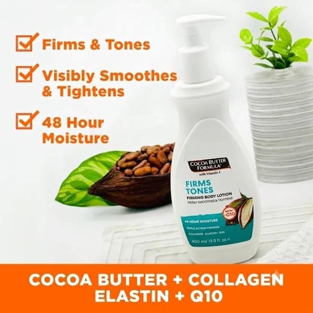KRISP Cocoa Butter Formula Firming Body Lotion with Vitamin E, Collagen, Q10 & Elastin 400ml – Firms, Tones, Smooths Skin with Cosmetic Spatula – 48H Moisture, For Dry & Ageing Skin