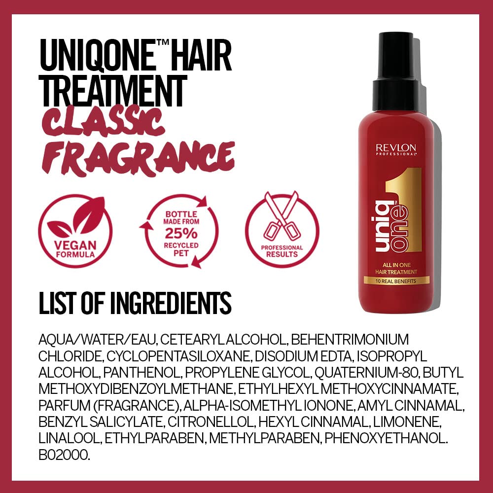 REVLON PROFESSIONAL Uniqone Hair Treatment, Moisturizing Leave-in Hair Treatment, Repair for Damaged Hair, Hair Treatment, Classic Fragrance – 150 ml