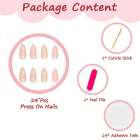Ceboic 24Pcs Almond French Press on Nails Short, Yellow Glossy Acrylic French Tips Fake Nails, Ballerina False Nails with Waves Designs Full Cover Stick on Nail for Women and Girls