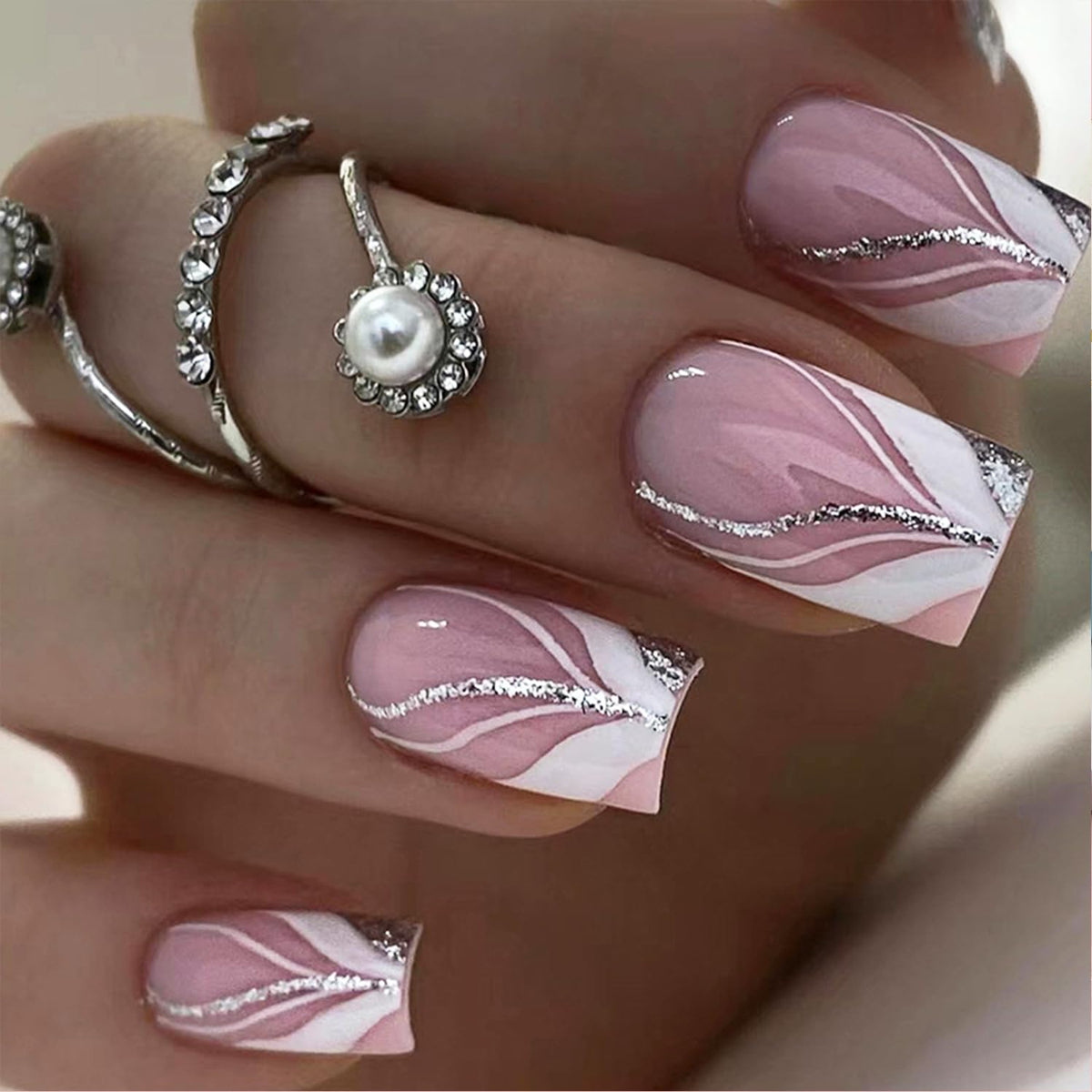 24Pcs False Nails,UHOMENY Square False Nails Short Long Fake Nails Acrylic Stick on Nails for Women Girls Nail Art Press on Nails with manicure kit (Pink, White, Silver, 12 size)