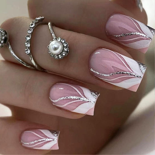 24Pcs False Nails,UHOMENY Square False Nails Short Long Fake Nails Acrylic Stick on Nails for Women Girls Nail Art Press on Nails with manicure kit (Pink, White, Silver, 12 size)